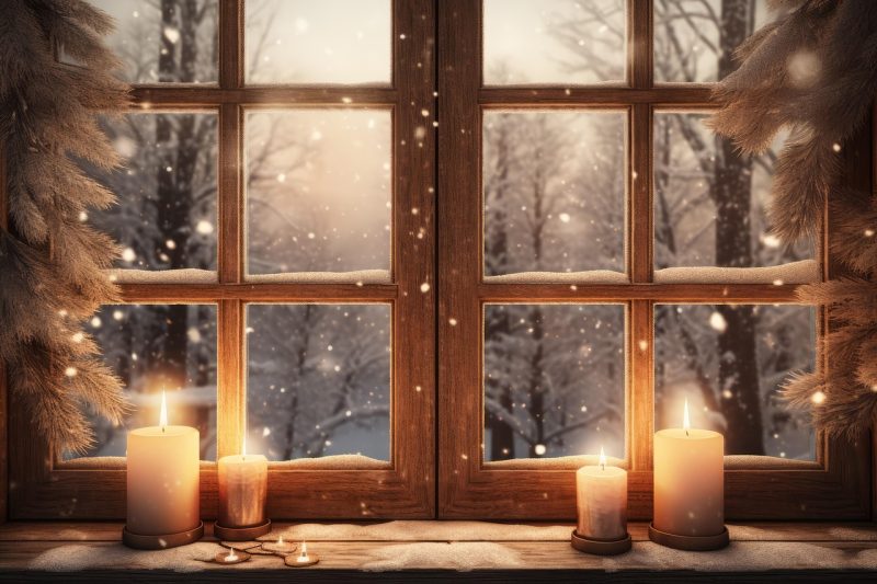 Fenster mit Kerzen bei weihnachtlichem Wetter